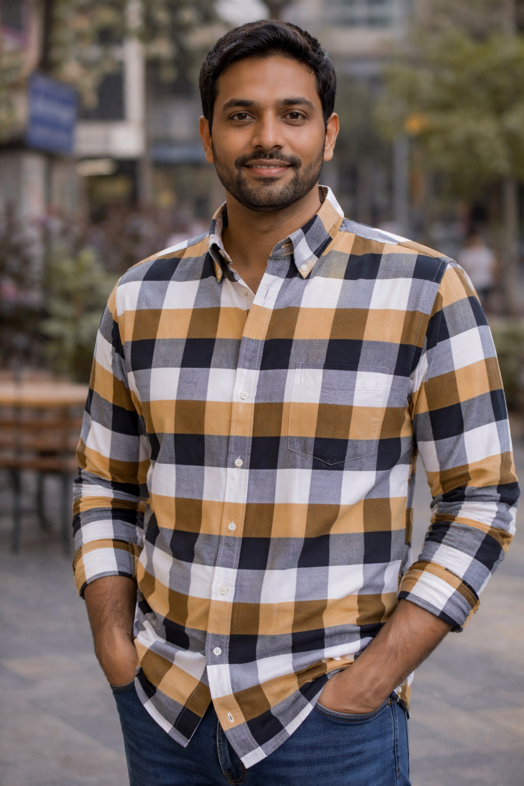 Men’s Premium Checked Cotton Shirt – Mustard & Navy