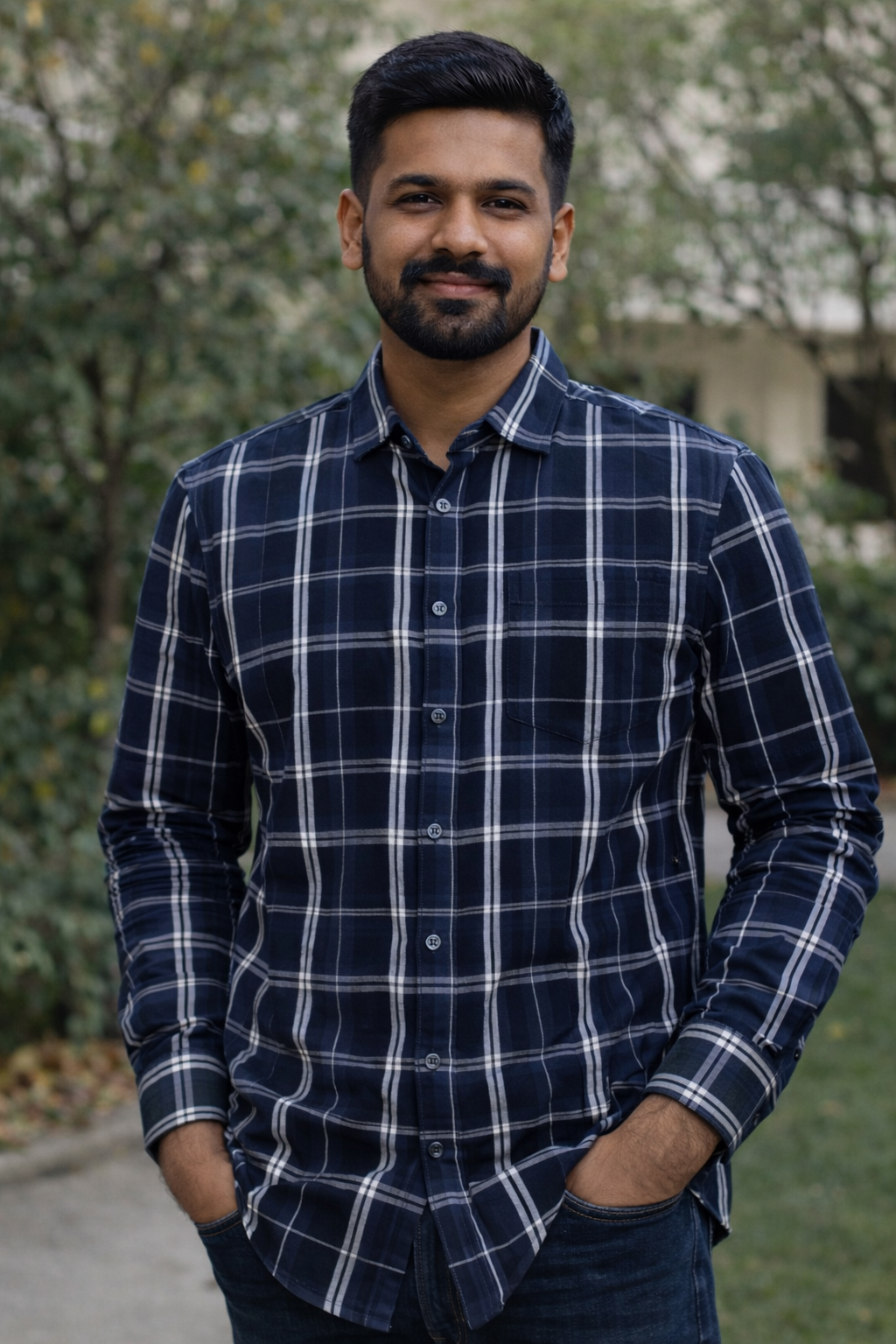 Men’s Navy Blue Bio-Washed Check Shirt