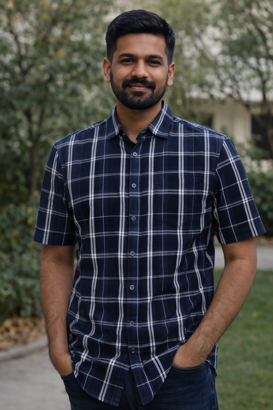 Men’s Navy Blue Bio-Washed Check Shirt