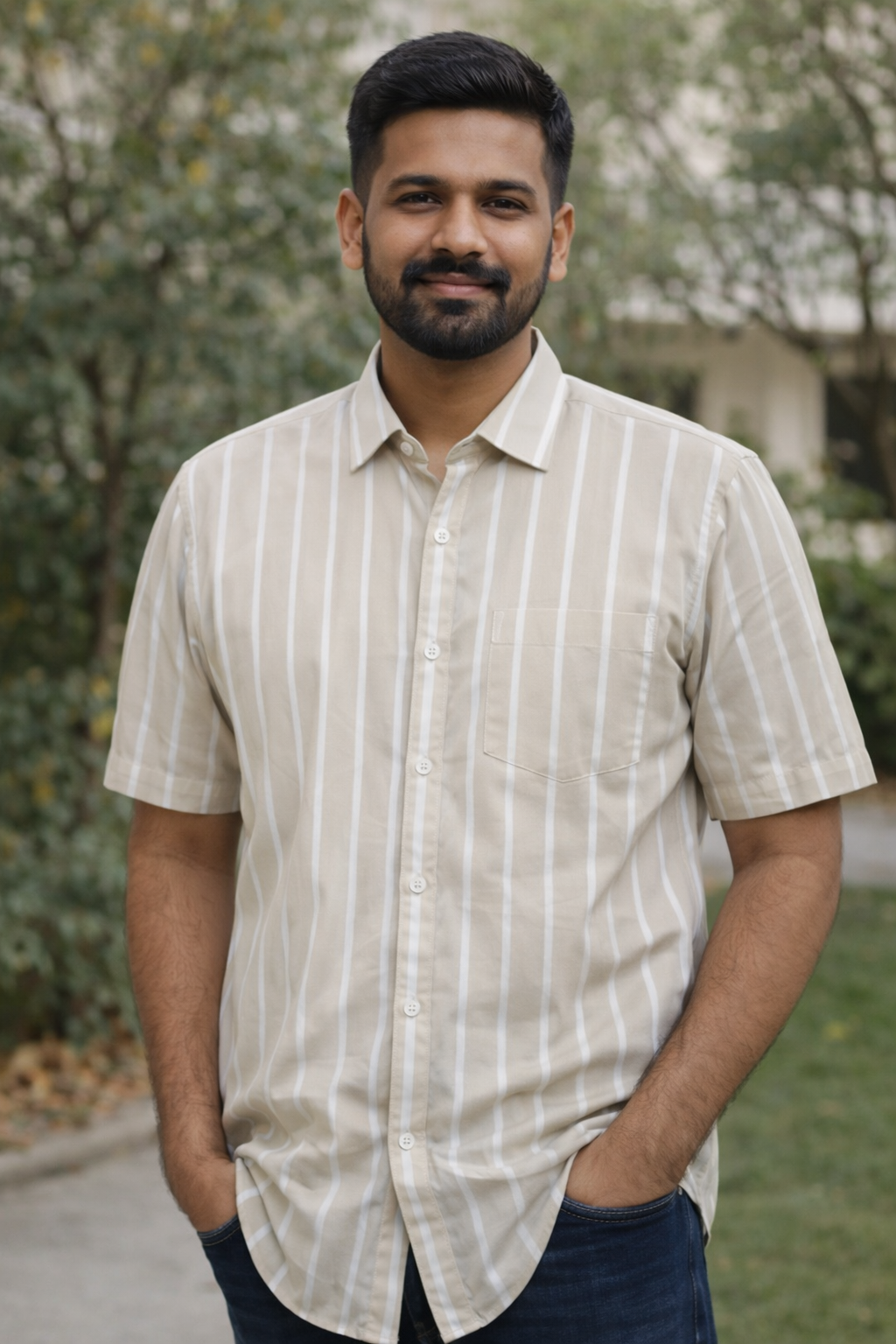 Men’s Premium Striped Cotton Shirt – Beige