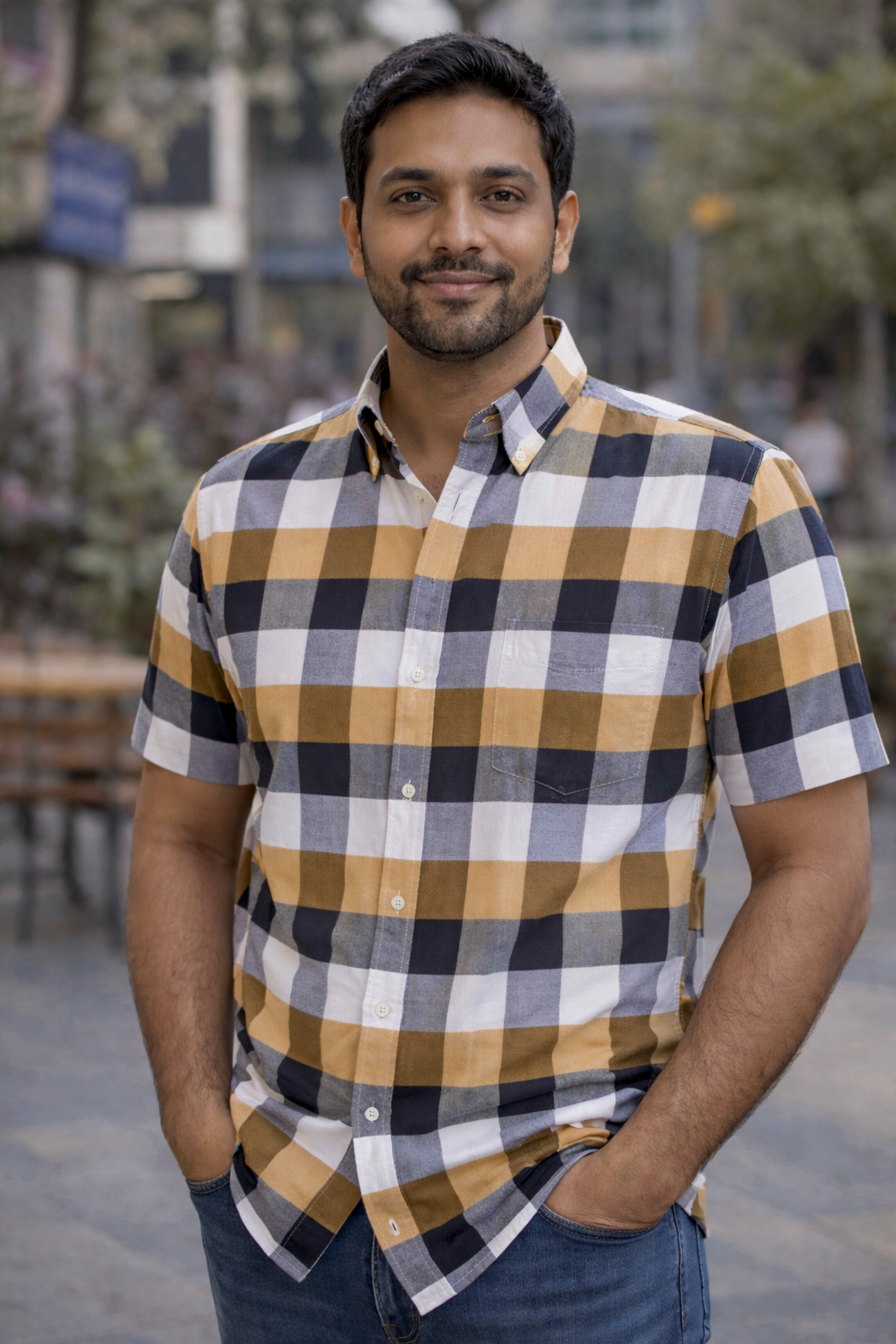 Men’s Premium Checked Cotton Shirt – Mustard & Navy